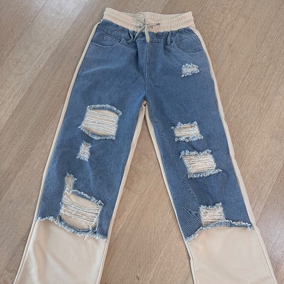 🔥Brand New Y2K Denim Patchwork Drawstring Distressed Jeans  Size S - Picture 2 of 11